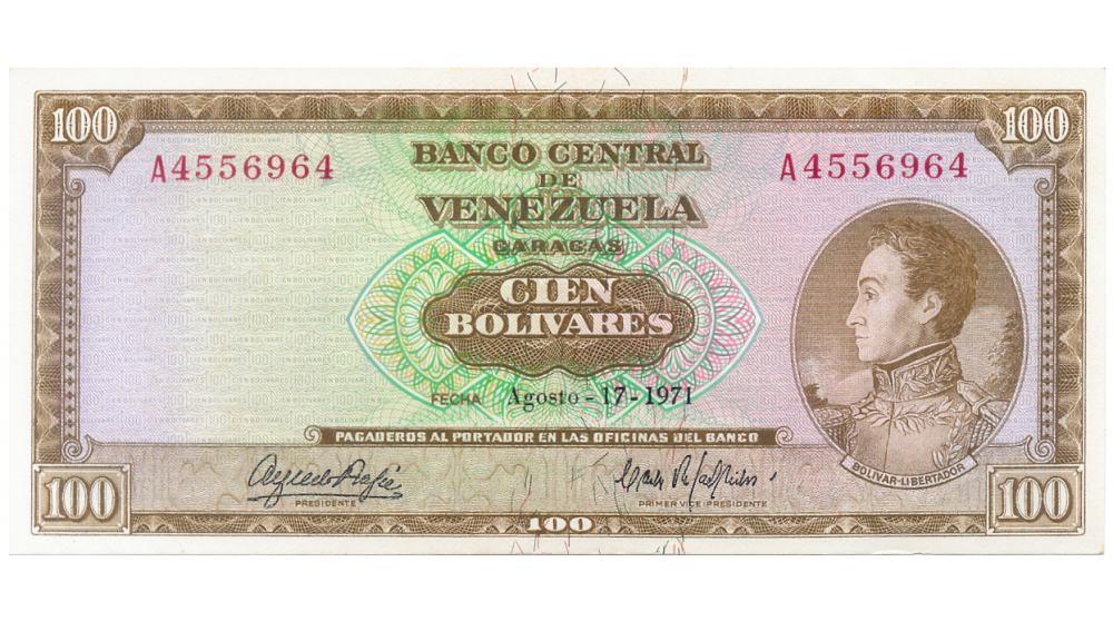 Billete 100 Bolivares 1971 A7 Serial A4556964  - Numisfila