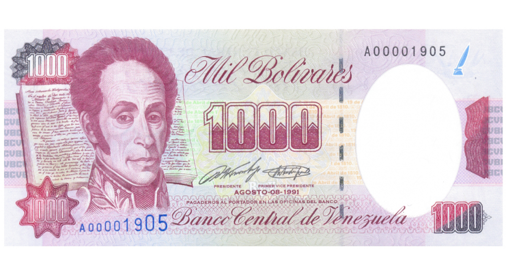 Billete 1000 Bolívares 1991 Serial Bajo A00001905 - Numisfila
