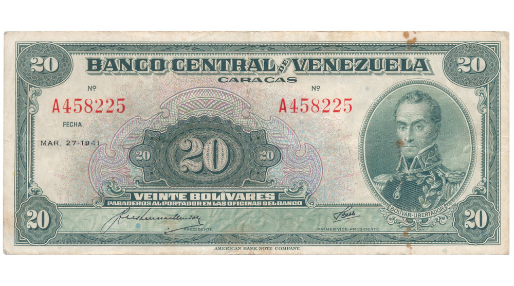 Billete 20 Bolívares Marzo 27 1941 Serial A458225 - Numisfila
