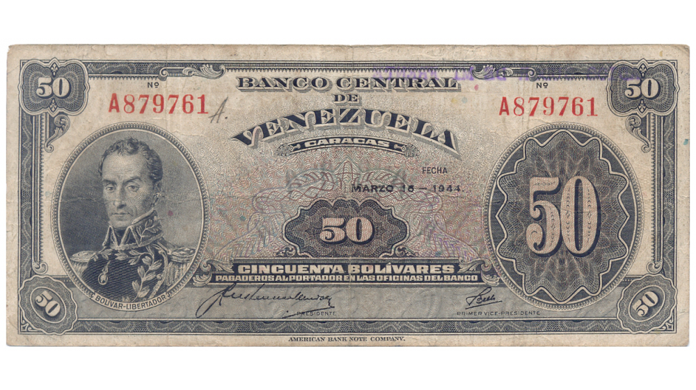 Billete 50 Bolívares 1944 A6 Serial A879761 - Numisfila