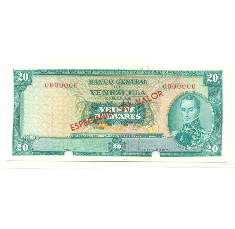 Billete Especimen Sin Valor 20 Bolívares 1967/1974 - Numisfila