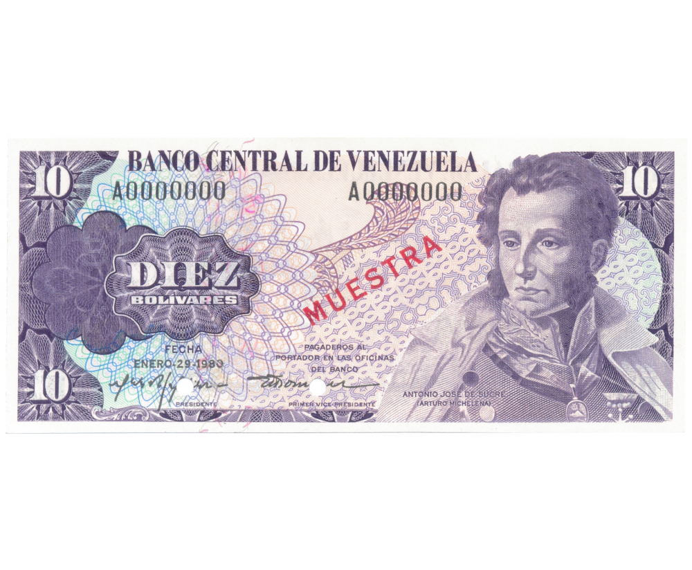 Billete Muestra 10 Bolívares 1980 Serial A0000000 - Numisfila