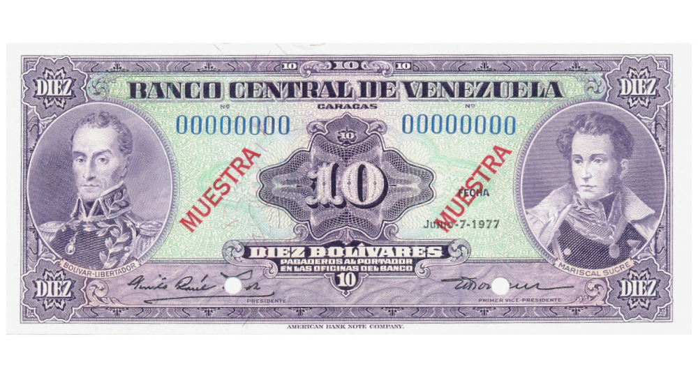 Billete 10 Bolívares 1977  Muestra Muestra  - Numisfila