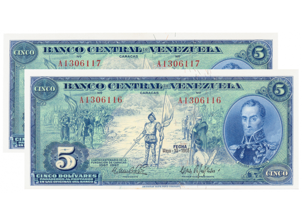 Pareja Billetes 5 Bolívares 1966 A7 Seriales A1306116 - A1306117  - Numisfila