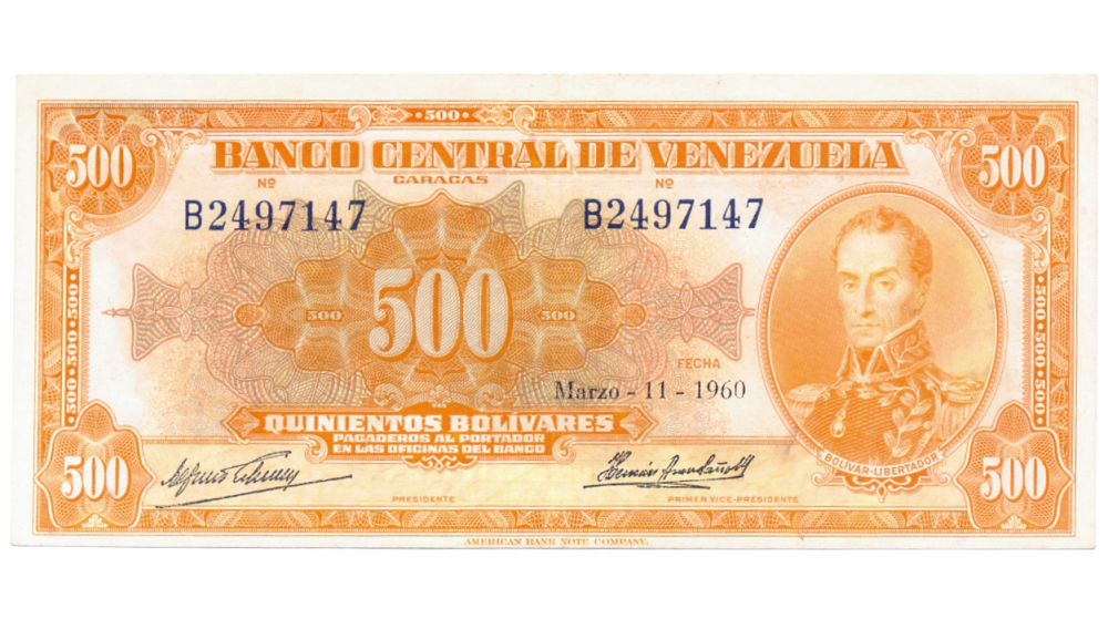 Billete 500 Bolivares Marzo 1960 Canario Serial B2497147  - Numisfila