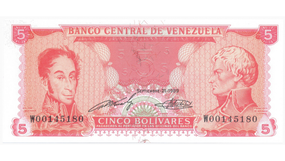 Billete 5 Bolívares 1989 W8 Serial W00145180 Reposición   - Numisfila