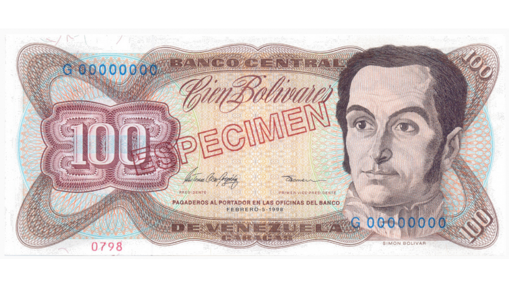 Billete Especimen 100 Bolívares Febrero 1998 #0798 Serial G00000000  - Numisfila