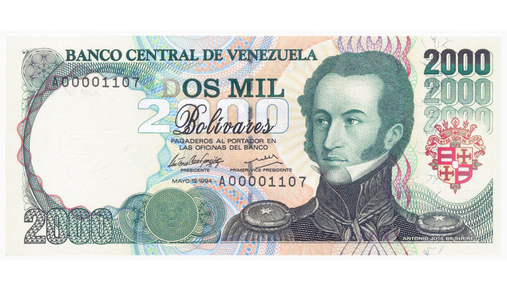 1ra Emisión Billete 2000 Bolívares 1994 Serial Bajo A00001107 - Numisfila