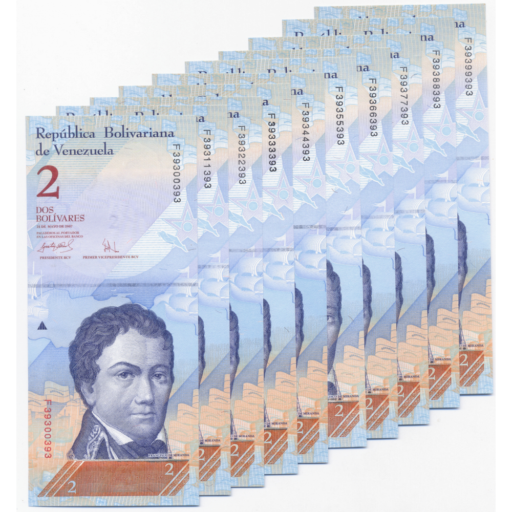10 Billetes 2 Bs Mayo 2007 F8 Escalera Capicúas F39300393 al F39399393 - Numisfila