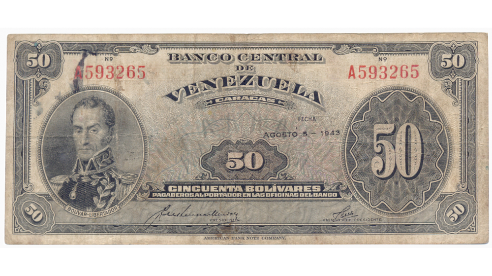 Billete 50 Bolívares Agosto 1943 Serial A593265  - Numisfila