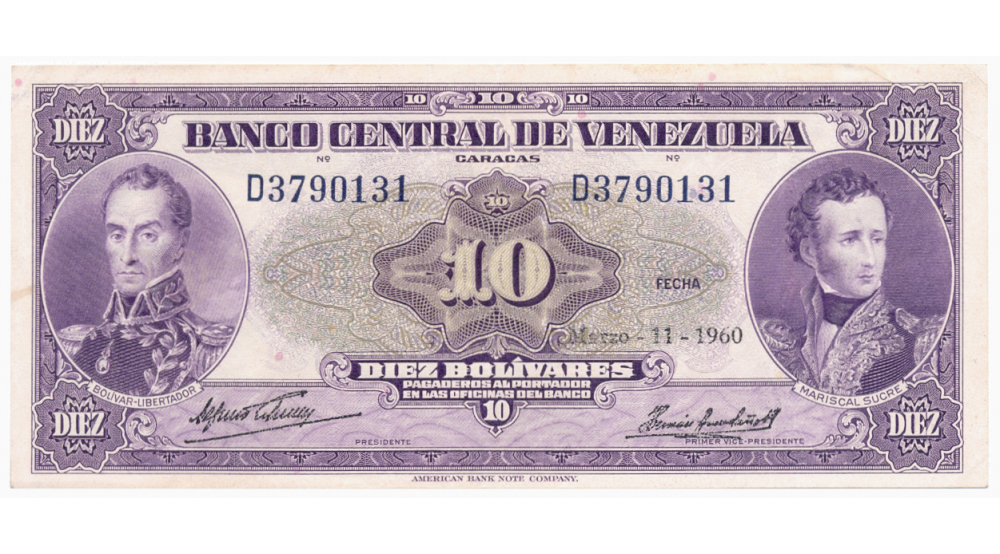 Billete 10 Bolívares 1960 D7 Serial D3790131  - Numisfila