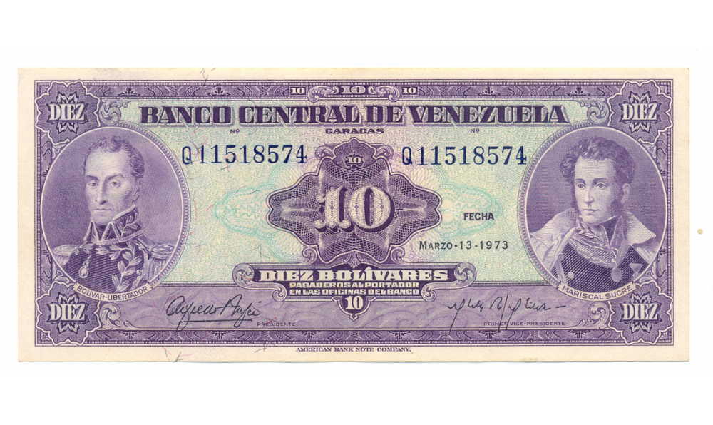 Billetes 10 Bolívares 1973 Q8 Serial Q11518574 - Numisfila