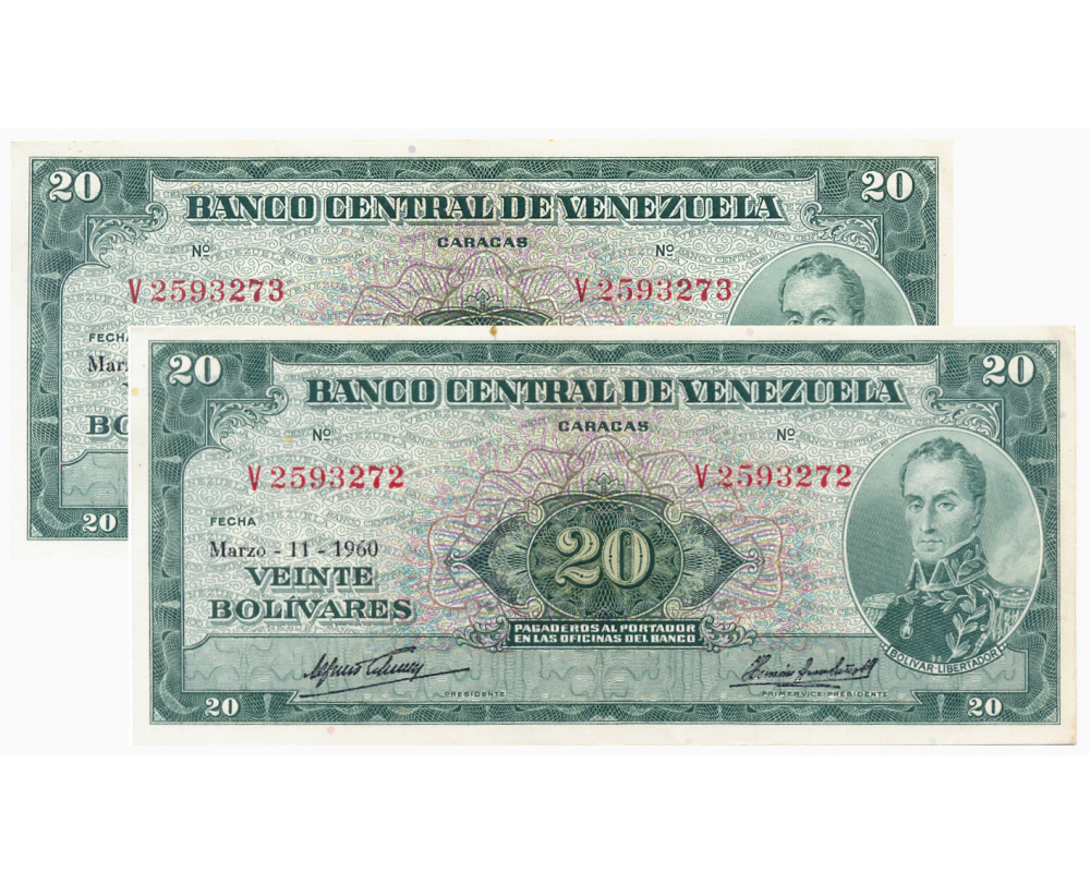 Pareja Billete 20 Bolívares 1960 V7 Seriales Consecutivos V2593272 y V2593273 - Numisfila