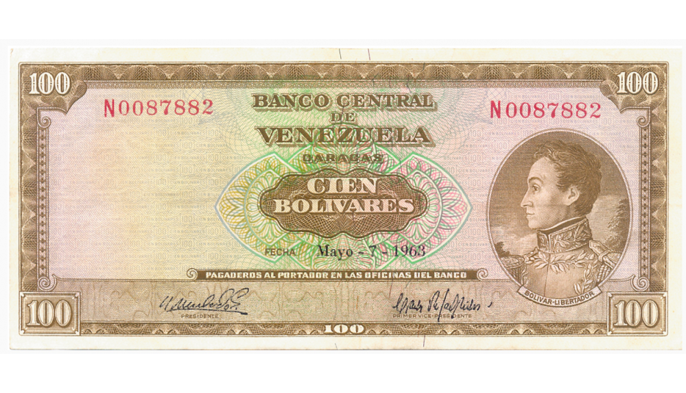 Billete 100 Bolivares 1963 N7 Serial N0087882  - Numisfila