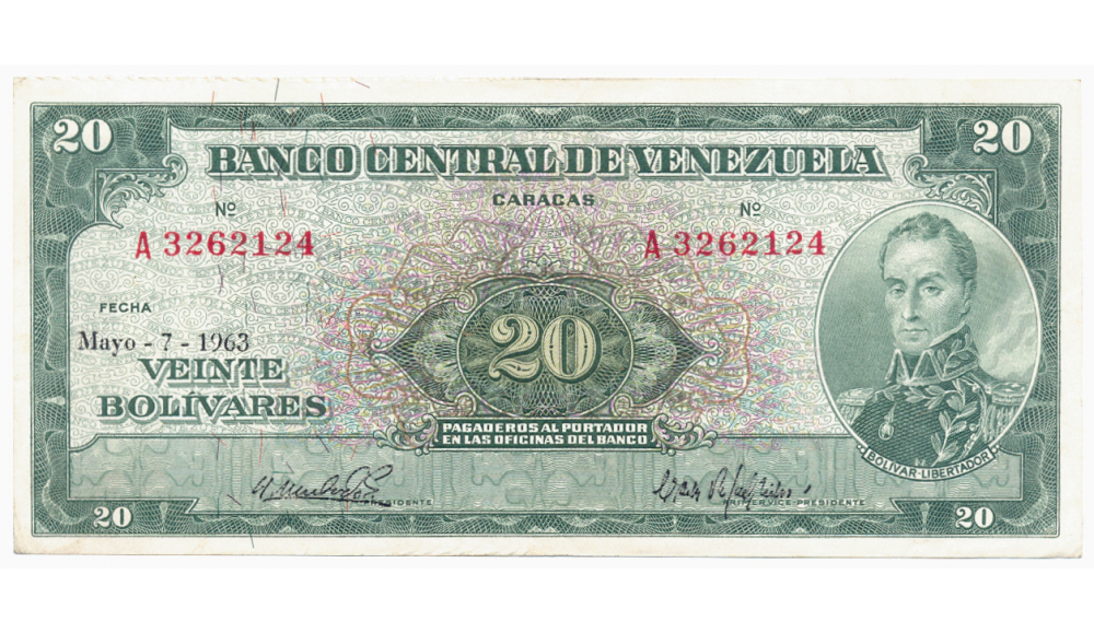 Billete 20 Bolívares 1963 A7 Serial A3262124 - Numisfila