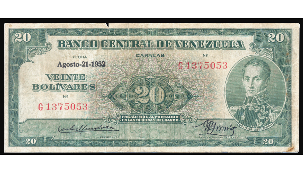 Billete Orejón 20 Bolívares 1952 Serial G1375053 - Numisfila