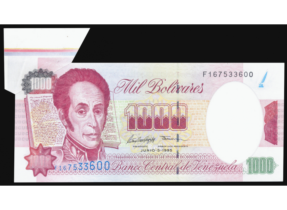 Mariposa Error Corte Billete 1.000 Bolívares 1995 F9 Borde Superior de Plancha - Numisfila