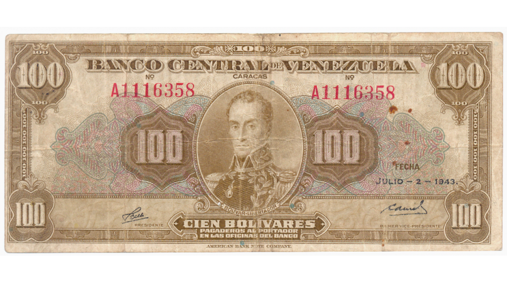 Billete 100 Bolívares Julio 1943 Serial A1116358 - Numisfila