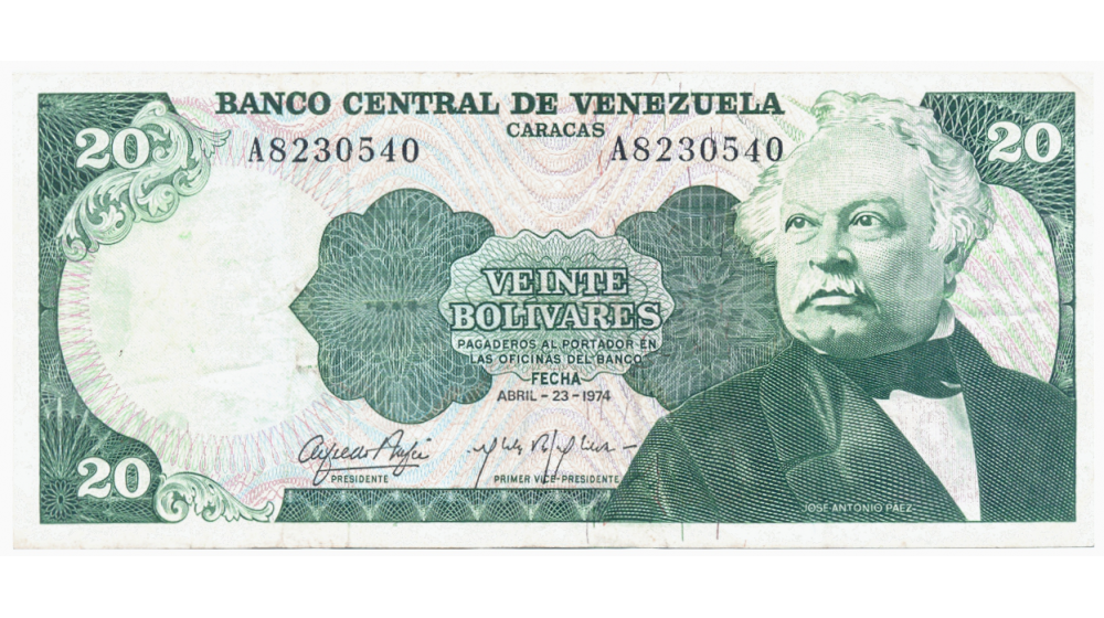  Billete 20 Bolívares Abril 1974 A7 Serial A4846190 1ra serie de la fecha - Numisfila