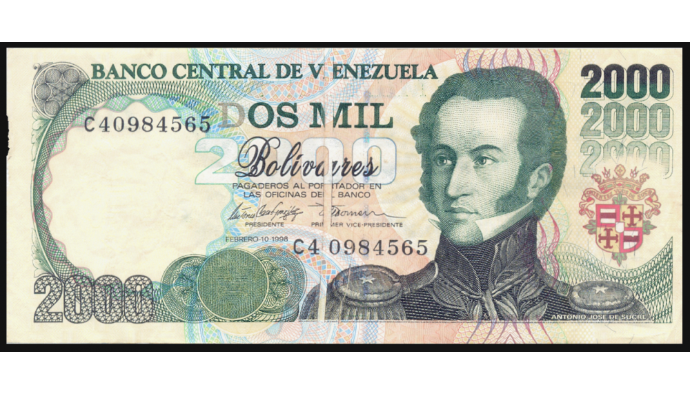 Error Billete 2000 Bolivares Febrero 1998 C8 Falla de Pliego de Papel Serial C40984565  - Numisfila