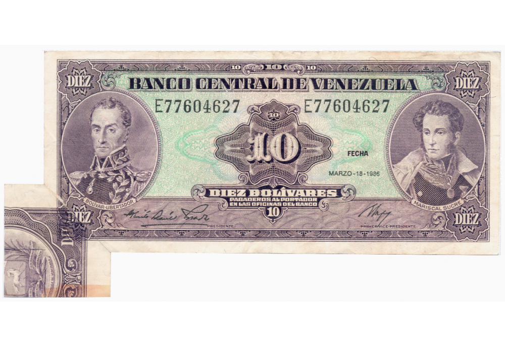 Mariposa Error Impresión Billete 10 Bolívares 1986 E8 Borde Inferior de Pliego - Numisfila