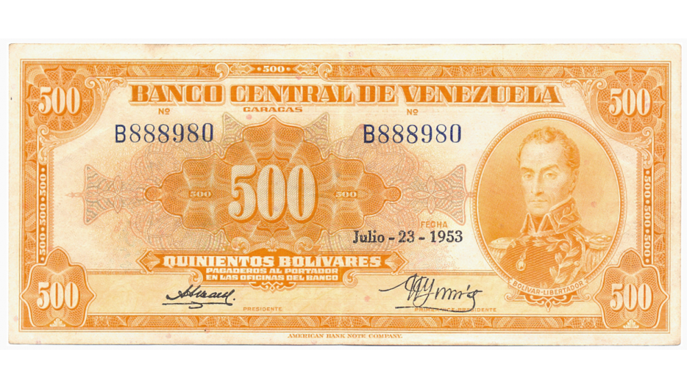  Billete 500 Bolívares 1953 B6 Serial B888980 Canario - Numisfila