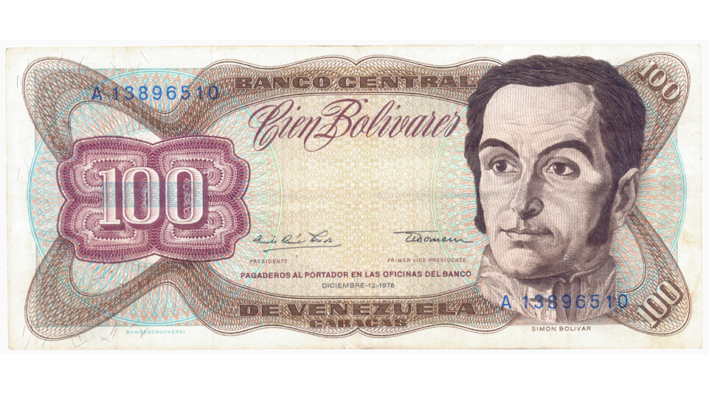Billete 100 Bolívares 1978 A8 Serial A13896510 - Numisfila