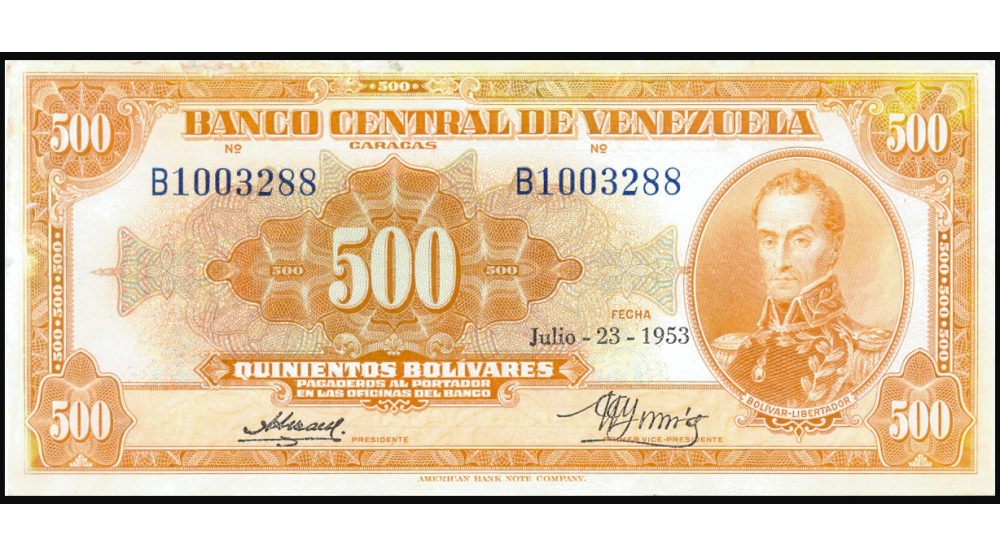 Billete 500 Bolivares 1953 Escaso B7 Serial B1003288 Canario 3288 de la serie - Numisfila