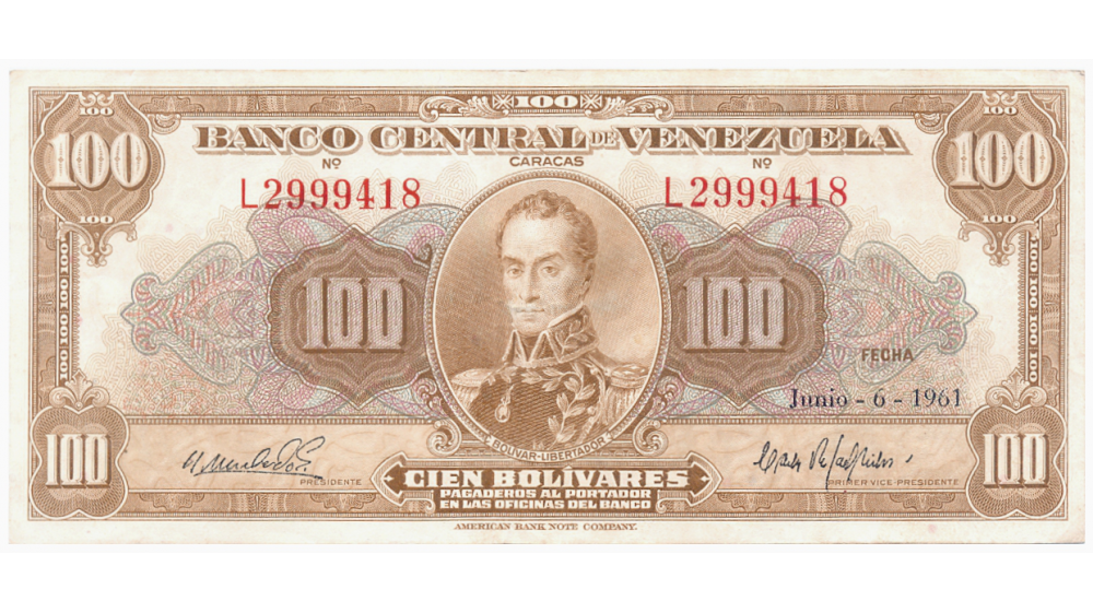 Billete 100 Bolívares 1961 L7 Serial L2999418 - Numisfila