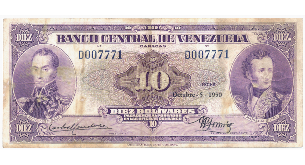 Billete 10 Bolívares Octubre 1950 D6 Serial D007771 - Numisfila