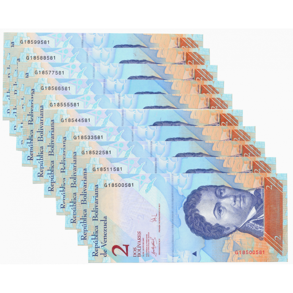 10 Billetes 2 Bs Mayo 2007 G8 Escalera Capicúas G18500581 al G18599581 - Numisfila