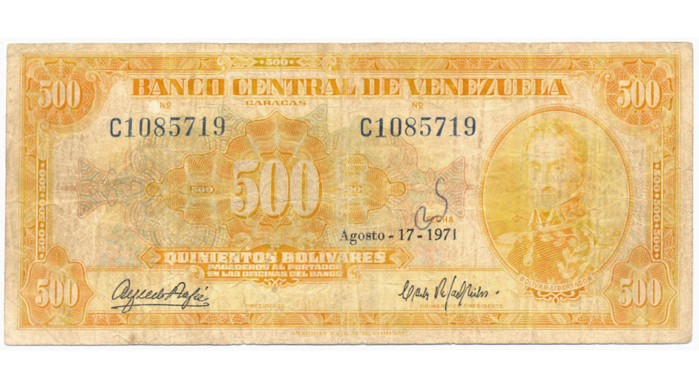 Billete 500 Bolívares Agosto 1971 C7 Serial C1085719 Canario - Numisfila