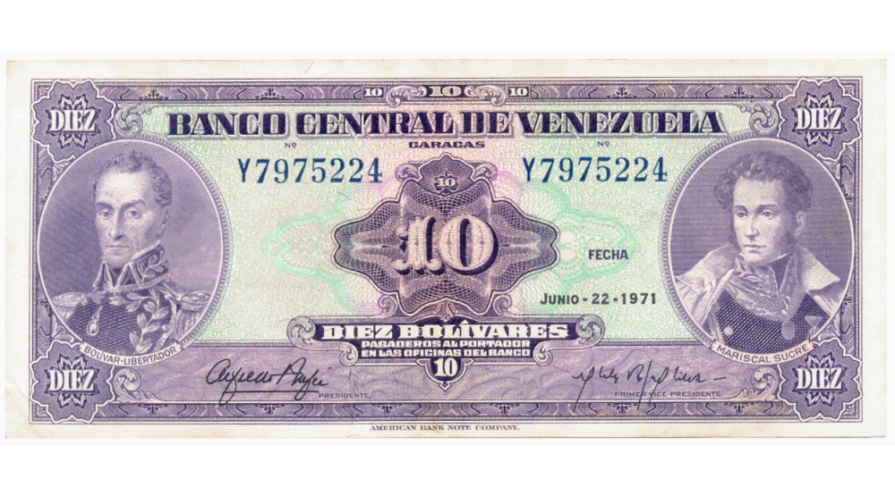 Billete 10 Bolívares 1971 Y7 Serial Y7975224 - Numisfila