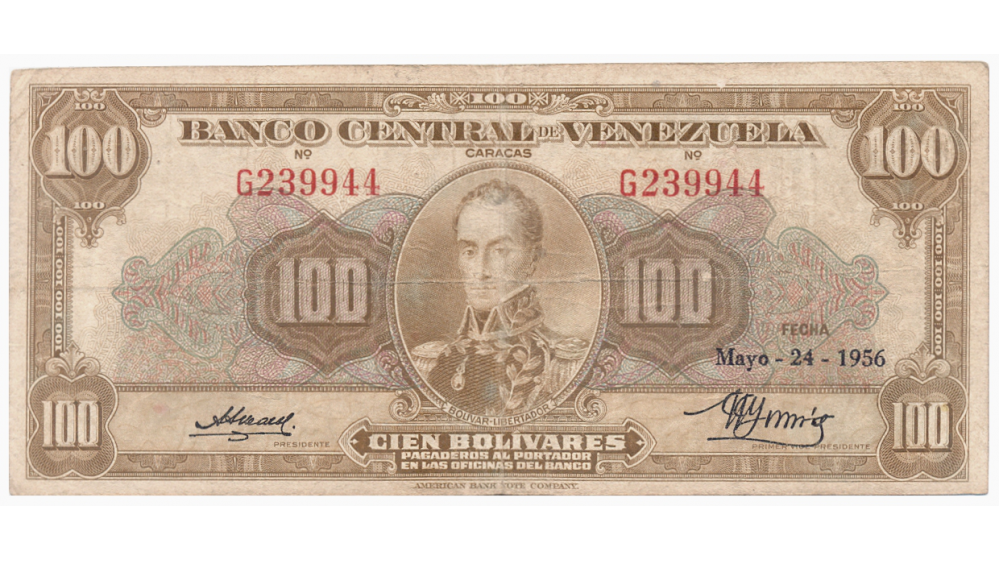 Billete 100 Bolívares Mayo 1956 G6 Serial G239944 - Numisfila