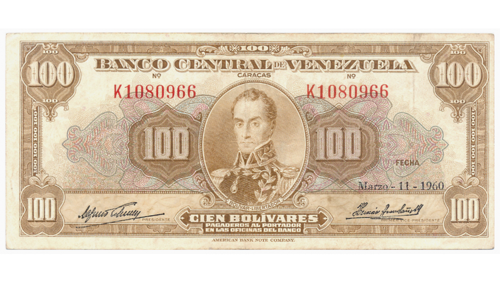Billete 100 Bolívares 1960 K7 Serial K1080966 - Numisfila