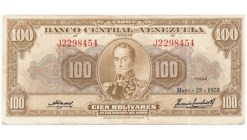 Billete 100 Bolívares 1958 J7 Serial J2298454 - Numisfila