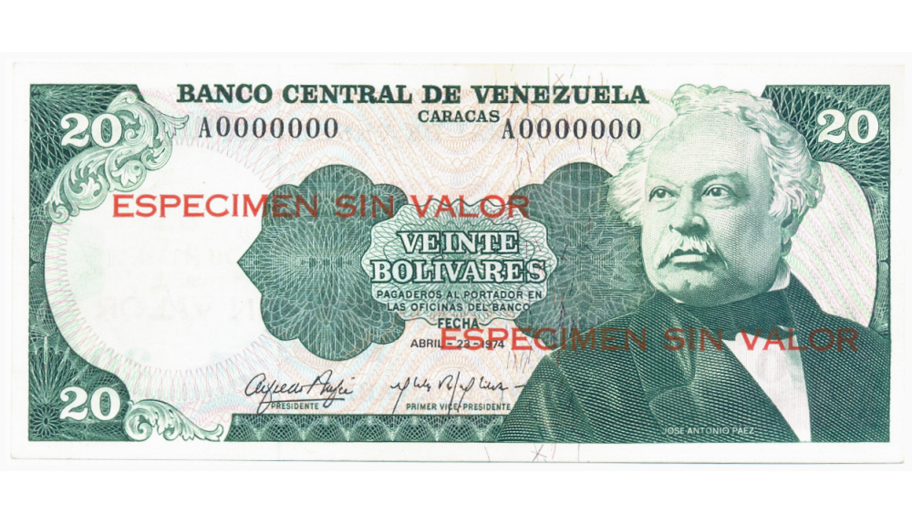 Espécimen Sin Valor Billete 20 Bolívares Abril 1974 - Numisfila