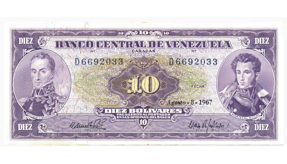 Billete 10 Bolívares 1967 D7 Serial D6692033 - Numisfila