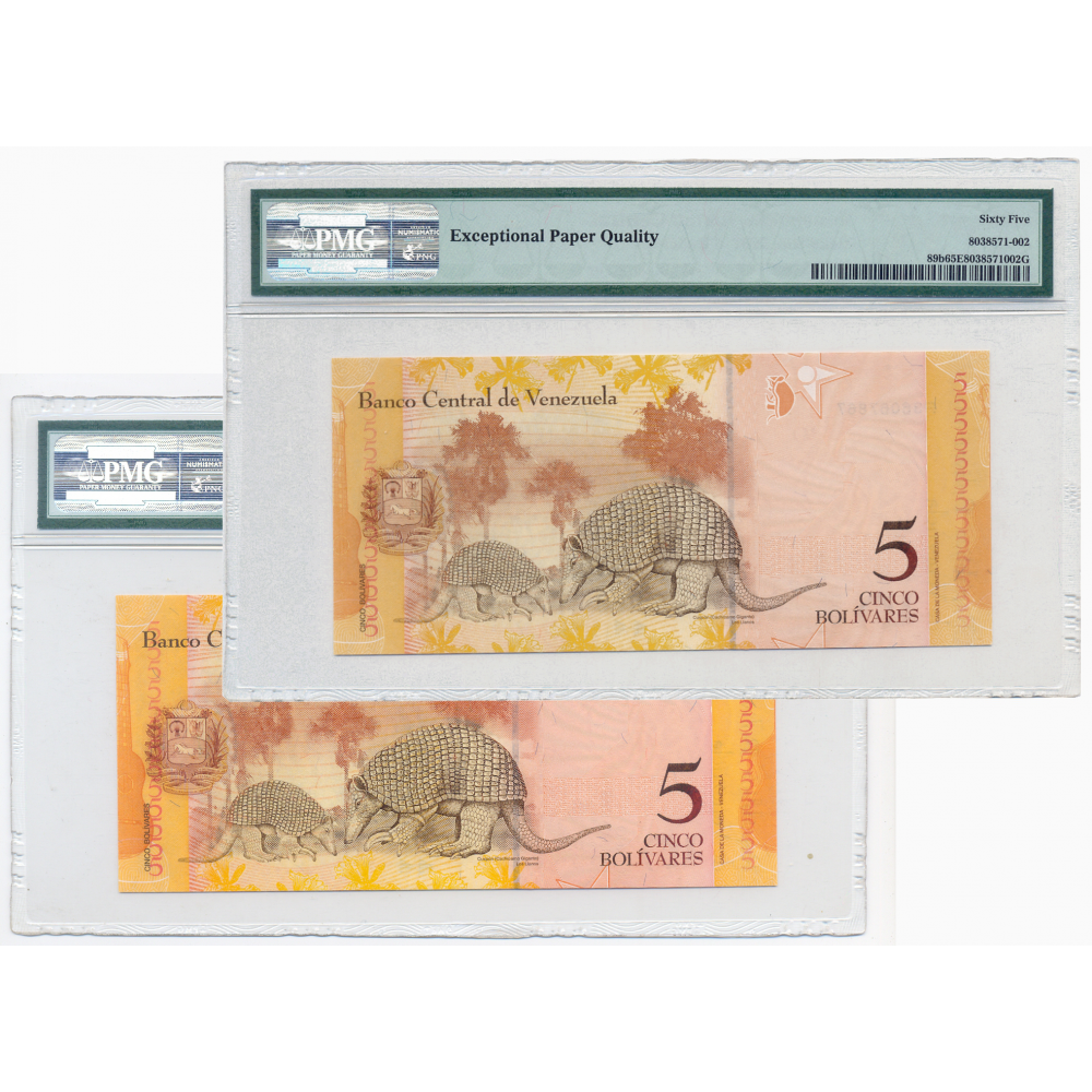 Pareja Consecutiva F8 Billetes 5 Bolívares Mayo 2007 PMG 65 Seriales F36067866 y F36067867  - Numisfila