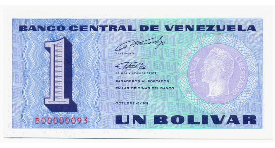 Billete 1 Bolívar 1989 B8 Serial Bajo B00000093 Tinoquito - Numisfila