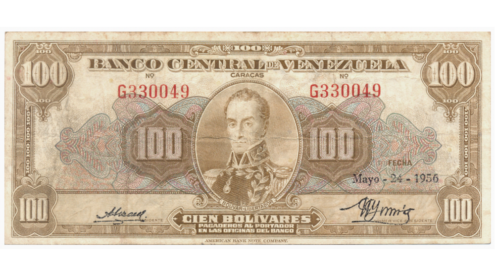 Billete 100 Bolívares Mayo 1956 G6 Serial G330049 - Numisfila