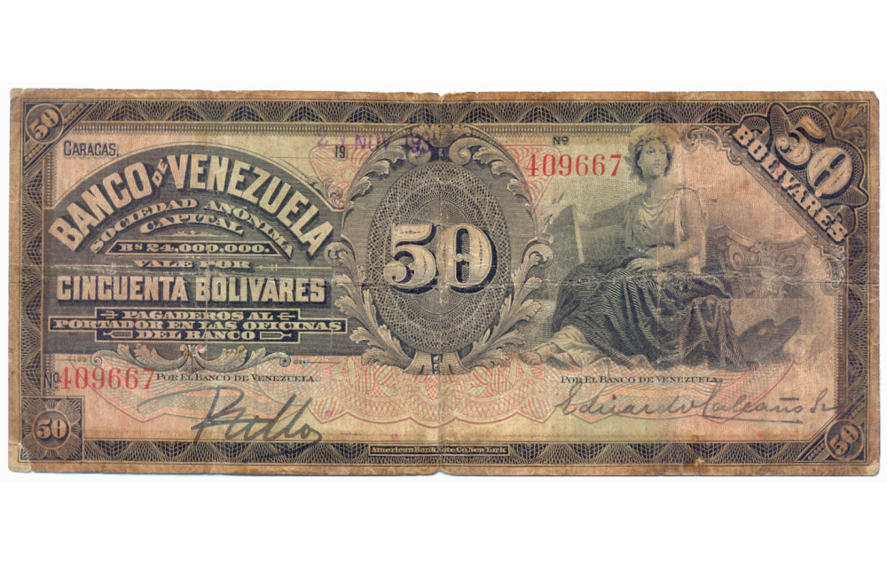 Banca Privada Billete Bco Venezuela 50 Bolívares 23 Nov 1939 Serial 409667 - Numisfila