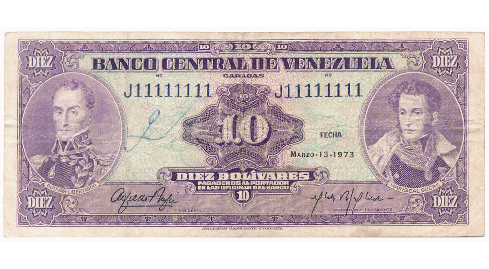 Billete 10 Bolívares 1973 J8 Serial Sólido J11111111 - Numisfila