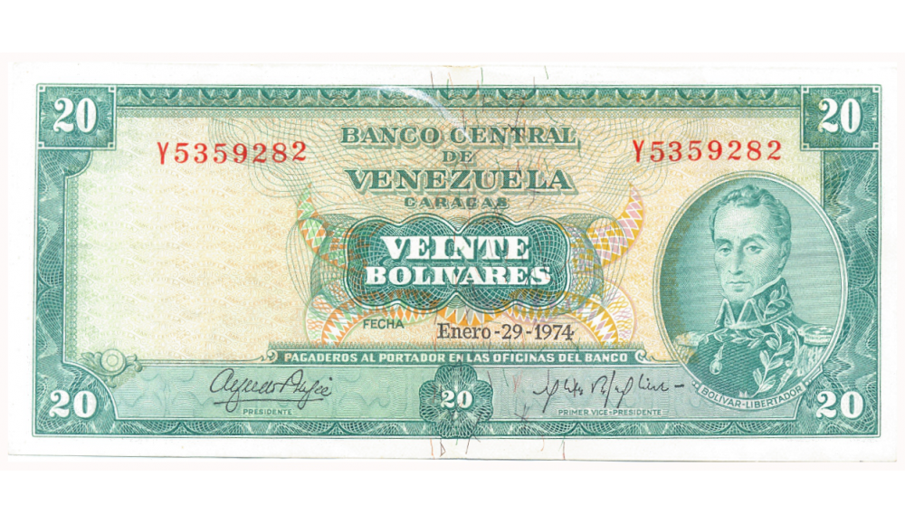 Billete 20 Bolívares Enero 1974 Y7 Serial Y5359282 - Numisfila