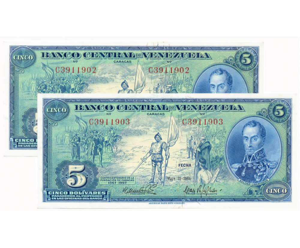 Billetes 5 Bolívares 1966 C7 Seriales Consecutivos C3911902 y C3911903 - Numisfila