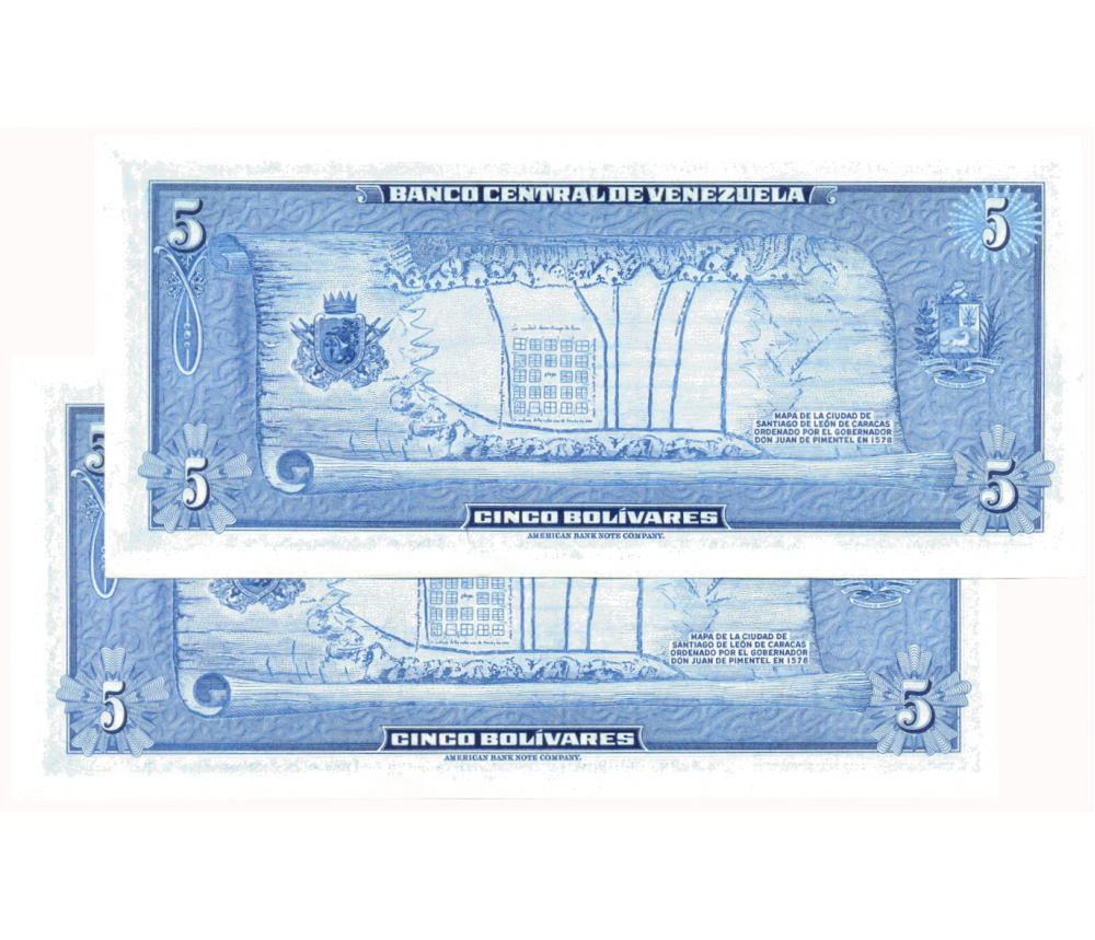 Billetes 5 Bolívares 1966 C7 Seriales Consecutivos C3911902 y C3911903  - Numisfila