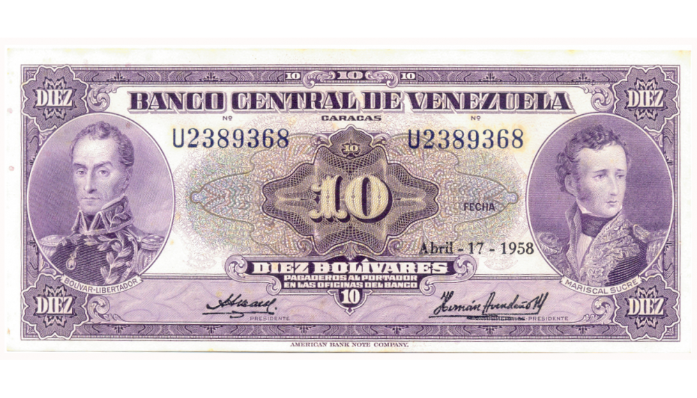 Billete 10 Bolívares 1958 U7 Serial U2389368 - Numisfila