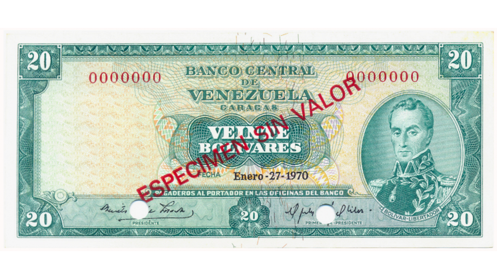 Billete Espécimen Sin Valor 20 Bolívares Enero 27 1970 - Numisfila