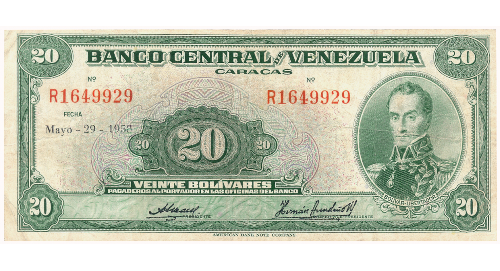 Billete 20 Bolívares Mayo 1958 R7 Serial R1649929 - Numisfila