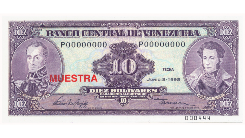 Billete Muestra 10 Bolívares 1995 #000444 - Numisfila